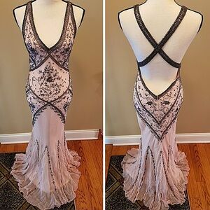 Elegant Black and Cream Embroidered Evening Gown